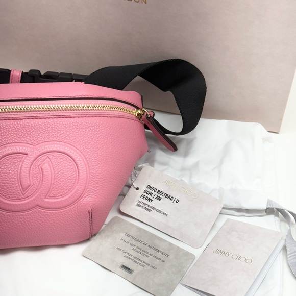 Jimmy Choo New In Box “CHOO” Bumbag Peony Pink Grained Leather Large Bel… - Picture 9 of 12